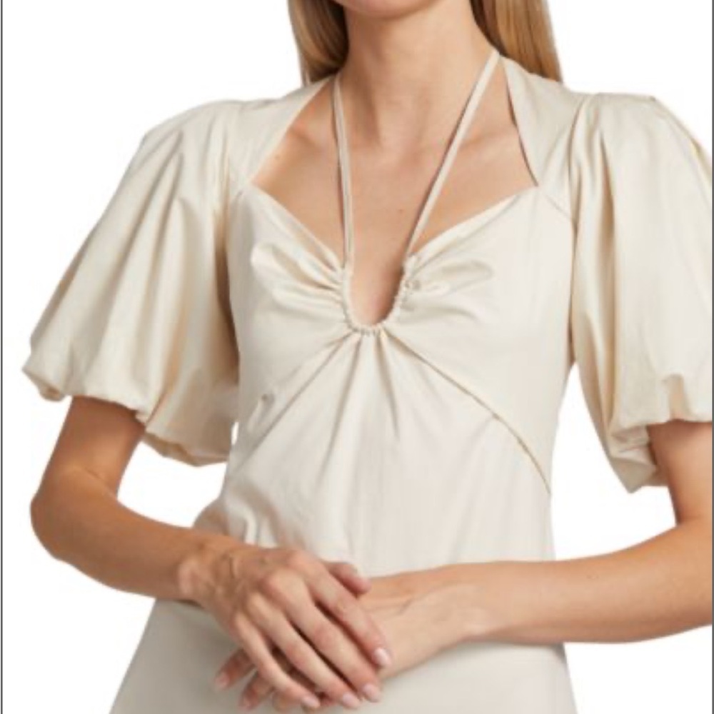 FRAME Off White Tie Neck Puff Sleeve Mini Dress Minimalist Soft Neutral XS - Picture 3 of 7